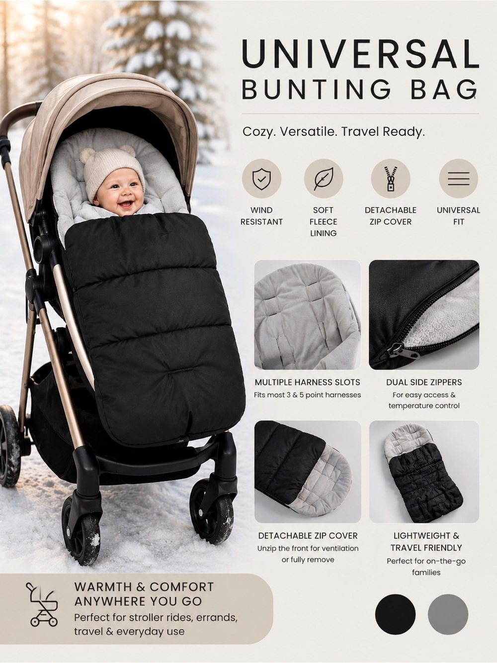 Universal Travel Bunting Bag Footmuff Stroller Cozy Black Gray Fleece Zip Cover